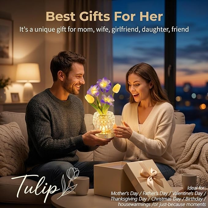 Flower Table Lamp, 3 Colors Touch Dimming Tulip Night Light, Rechargeable Artificial Flower Light, LED Flower with Vase Lamp Romantic Decor for Date Party Home (Blue-Sakura)