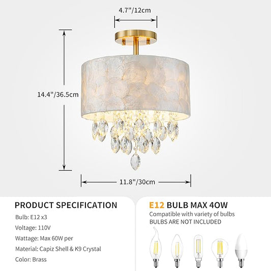 3-Light Capiz Shell Crystal Drum Ceiling Light, Coastal Style Close to Ceiling Light Fixture for Dining Room, Living Room & Bedroom, D12*H14 inch, Clear Crystal & Gold Finish