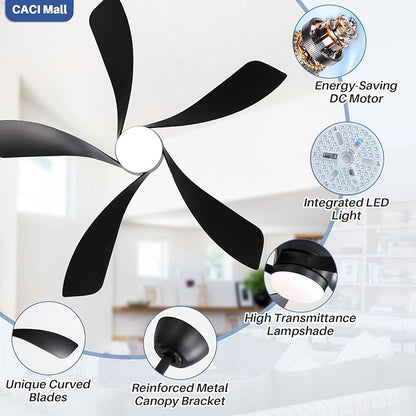 CACI Mall 52 inch Smart Ceiling Fan with Lights, Remote Control, Compatible with Alexa/Google/App, 5 Blades, Dimmable Lighting, Quiet, Indoor/Outdoor Ceiling Fans for Living Room, Bedroom, Patios