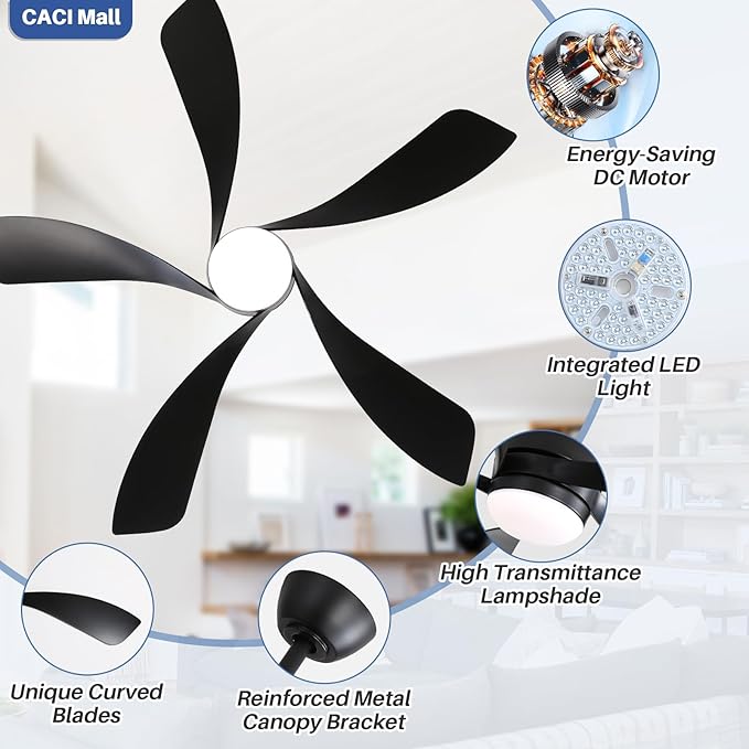 CACI Mall 52 inch Black Ceiling Fans with Lights, Remote Control, Modern, Low Profile, Outdoor Ceiling Fan with 5 Blades, Quiet Reversible DC Motor for Living Room, Bedroom, Patios
