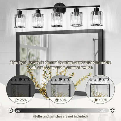 Crystal Bathroom Light Fixtures, Bathroom Lighting Fixtures Over Mirror, Modern Black 5-Light Vanity Lights for Mirror,Restroom, Bedroom (Ceramic E26 Socket,Bulbs Not Include)