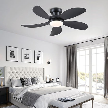 PHORUS 42" Black Low Profile Ceiling Fans with Lights and Remote,Small Flush Mount Ceiling Fans with Quiet Reversible DC Motor, Dimmable 3 CCT