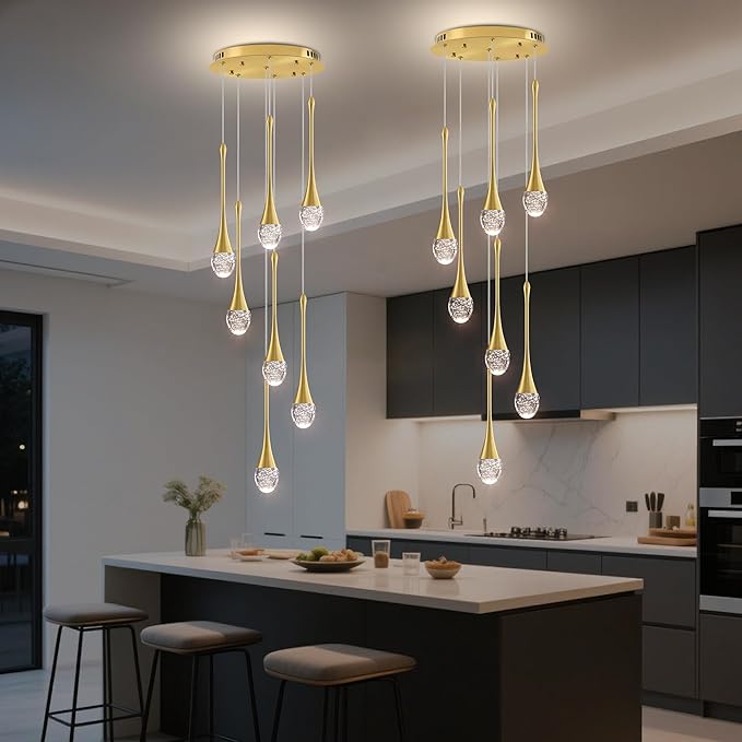 Modern Crystal Chandelier 7-Lights Gold, H60'' High Ceiling Spiral Dimmable LED Bubble Crystal Raindrop Light Fixture for Foyer Entryway Dining Room Remote Control