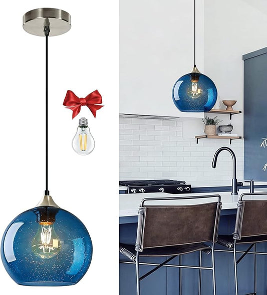 Blue Glass Pendant Light for Kitchen Island, Includes 1 Bulb & 4.92FT Adjustable Cord, Modern Pendant Lighting Fixtures for Kitchen, Dining Room, Living Room (7.1in)