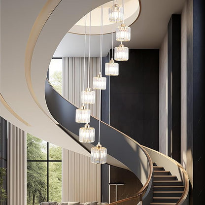High Ceilings Long Chandeliers Modern Crystal Pendant Light Raindrop Drop Lamp Hanging Chandeliers Flush Mount Lighting Fixtures for Staircase Foyer Entryway Gold 9 Lights