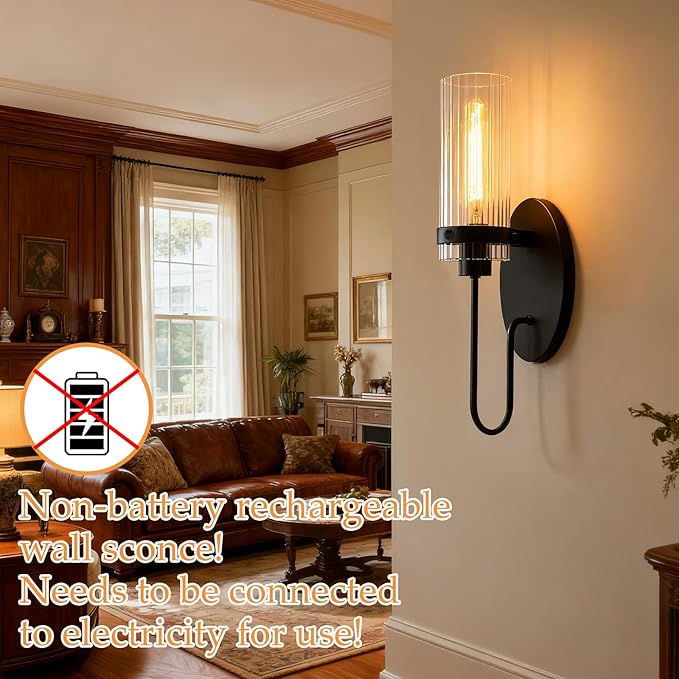 Bathroom Sconces Set of 2, Black Farmhouse Wall Sconce with Clear Glass Shade, Vanity Lights for Bathroom, Living Room, Bedroom, Hallway, Stairwell and Kitchen
