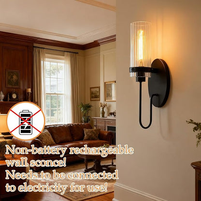 Bathroom Sconces Set of 2, Black Farmhouse Wall Sconce with Clear Glass Shade, Vanity Lights for Bathroom, Living Room, Bedroom, Hallway, Stairwell and Kitchen