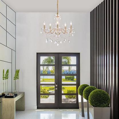 AMZASA Crystal Gold Chandelier, Glass Crystal Hanging Pendant Lighting, 5 Light French Country Gold Crystals Chandelier for Ceiling Medallions,Wedding,Dining,Kitchen, Foyer,Dia 20'' Golden