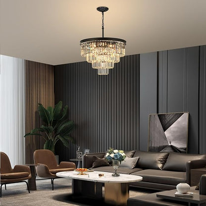 Crystal Chandeliers for Dining Room Lights Fixture Over Table, 15 Lights Black Modern Chandeliers for Living Room, 4-Tier Round Crystal Lighting Fixtures for Bedroom Entryway Kitchen Island D24 Inch