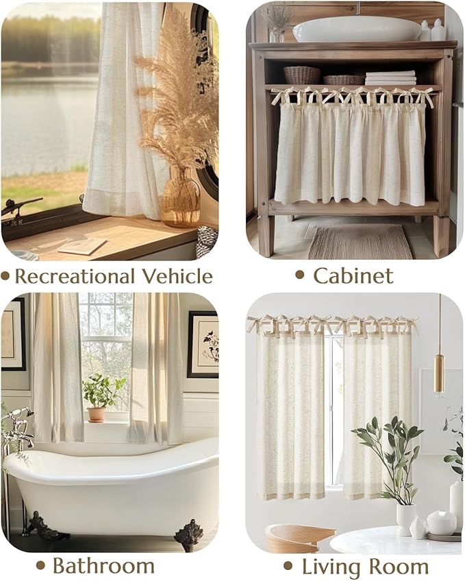 jinchan Tie Top Linen Kitchen Curtains Over Sink 36 Inch Length Tier Curtains Farmhouse Rustic Small Cafe Curtain for Bedroom Living Room Bathroom Half Window Light Filtering Privacy 2 Panels Crude