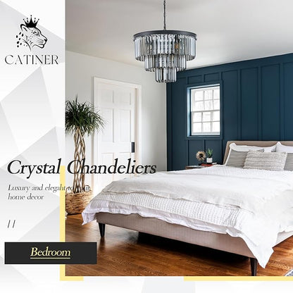 CATINER Modern Smoke Gray Crystal Chandeliers, Black 20” Round Chandelier 3 Tiers 7 Lights Luxury K9 Crystal Ceiling Pendant Light Fixture for Dining Room Foyer Bedroom Closet