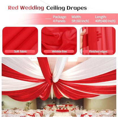 4 Panels Red Ceiling Drapes for Wedding Ceiling Drapes 5ftx40ft Wedding Arch Draping Fabric Sheer Curtains Voile Chiffon Drapery Draping Decorations for Party Ceremony Stage