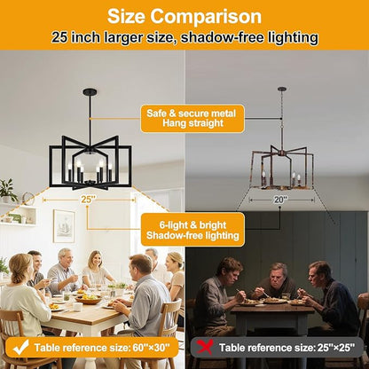 25" Modern Matte Black Chandelier for Dining Room, No Assembly Required Black Dining Room Light Fixture Over Table, Industrial Metal Hanging Pendant Lights Fixture for Kitchen Island, Entryway, Foyer