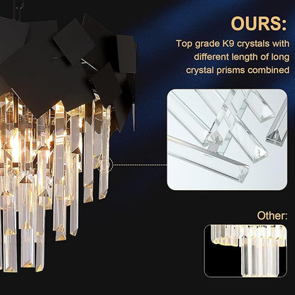 Modern Crystal Chandeliers 16” Black Chandeliers Ceiling Pendant Light Fixture for Kitchen Island Entry Light Dimmable Small Flush Mount Chandeliers Round for Foyer Entryway Dining Room Hallway