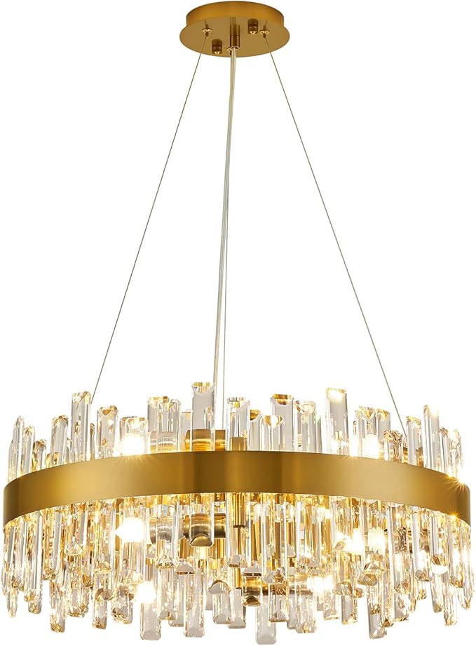 Modern Crystal Chandelier for Dining Room, 12-Light Luxury Gold Flush Mount Crystal Ceiling Light 2-Tiers K9 Crystal Raindrop Chandelier for Living Room Kitchen Entryway Foyer D23.6''