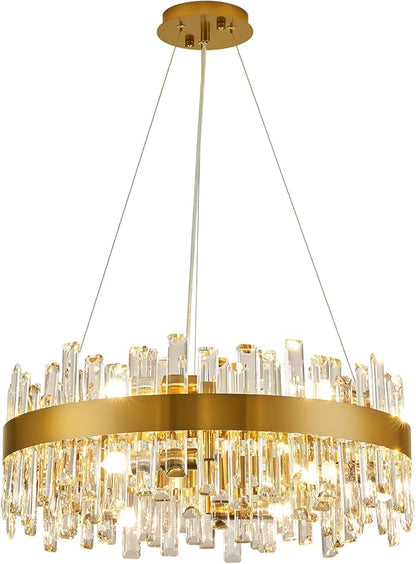 Modern Crystal Chandelier for Dining Room, 12-Light Luxury Gold Flush Mount Crystal Ceiling Light 2-Tiers K9 Crystal Raindrop Chandelier for Living Room Kitchen Entryway Foyer D23.6''