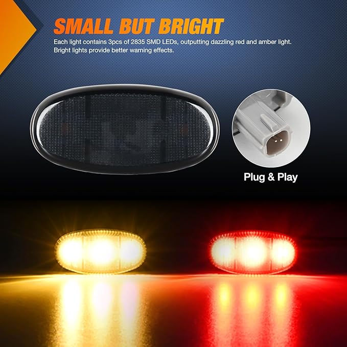Nilight Wheel Fender Side Marker Lights 4 PCS 3 LED Red Amber Front Rear Fender Clearance Light Smoked Lens Plug And Play Compatible With 2011-2022 F250 F350 F450 F550 Super Duty