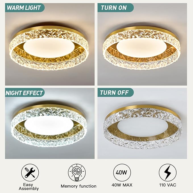 ZGLAOJT Gold Led Flush Mount Ceiling Light Modern 40w 3000k-6000k Light Fixture 15.7inch Bathroom Round Ceiling Lamp for Kitchen Bedroom Entryway Hallway Living Room.