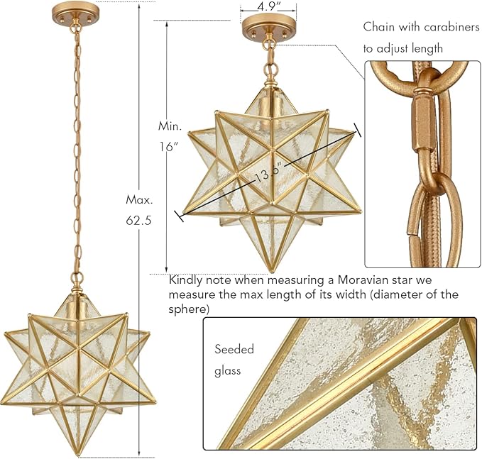 DAYCENT Brass Moravian Star Pendant Lighting Seeded Glass Pendant Lights 13 1/2 inches
