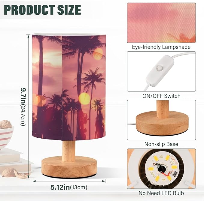 Bedside Table Lamp Tropical Palm Tree Sun Sunset Sky Birds Nightstand Lamp with Wood Desk Lamps for Bedroom Living Room Nursery Office Home Decor