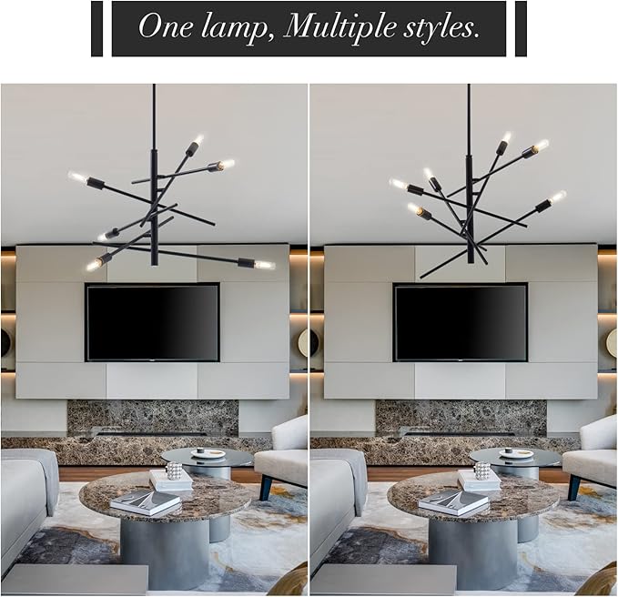 VILUXY Black Modern Chandelier Sputnik Lighting Fixture 6-LightMid-Century Ceiling Pendant Light for Dining Room Bedroom Kitchen Foyer
