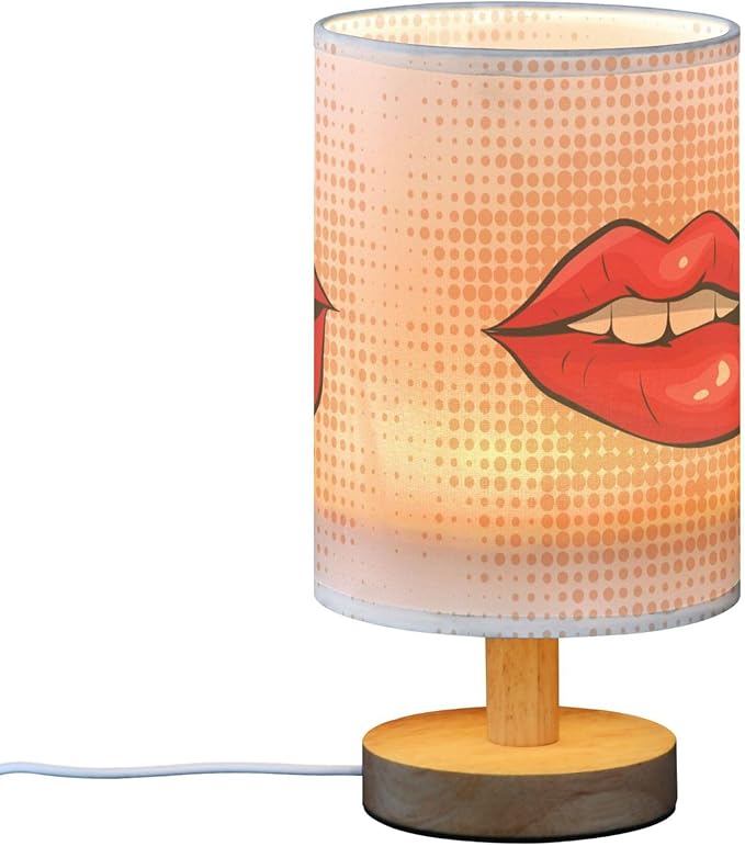 Bite Sexy Red Lip Polka Dot Table Lamp with Wood Base Fabric Lamp Shade Bedside Nightstand Desk Lamp for Living Room Bedroom Kids Room Office