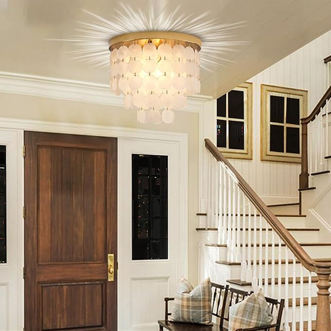 Capiz Shell Chandelier with 3 Tier Shell H12.3'' x D13.8'' Gold Metal Light Fixtures Flush Mount Chandeliers Modern Lighting Fixture for Bedroom Bathroom Office,(More Additional Shell Parts Included)