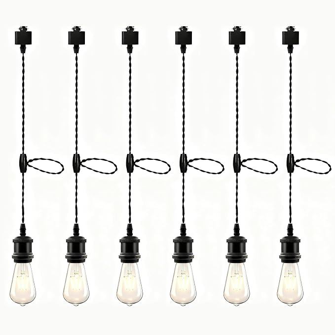 Universal H-Type Track Pendant Lighting Kit with 6 Bulbs, 6-Pack Black Hanging Track Lighting Fixtures, 4000K Natural Light, E26 Base for Kitchen Island, Dining Room & Living Area