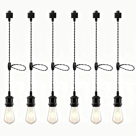 Universal H-Type Track Pendant Lighting Kit with 6 Bulbs, 6-Pack Black Hanging Track Lighting Fixtures, 4000K Natural Light, E26 Base for Kitchen Island, Dining Room & Living Area