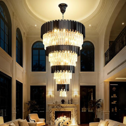 11-Tier K9 Crystal Chandelier, 32" Modern Black Adjustable Height Pendant Light, Luxury Round Chandeliers for High Ceiling, Foyer, Staircase, Entryway, Two-Story Living Room