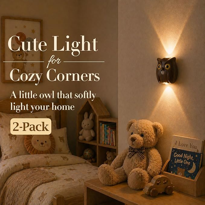2-Pack Walnut Owl Wall Lamp, Cute LED Night Light for Bedroom Decor, Warm Ambient Lighting for Kids Room, Nursery & Hallway, Creative Animal Wall Light, Gift for Home Decoration