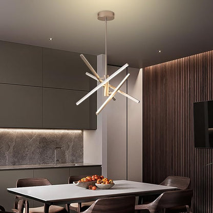 Modern Silver Chandelier Light Fixtures: LED 4-Light Sputnik Dining Room Chandeliers Silvery Linear Pendant Lights Fixture Over Table Dimmable with Remote for Kitchen Island Living Room