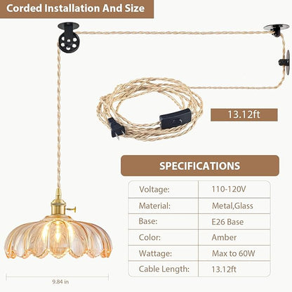 2 Pack Plug in Pendant Light Fixtures, Hanging Light Fixture Glass Pendant Light, Vintage Amber Hanging Lamp, Pendant Lighting for Kitchen Island, Bedroom, Dining Room, Living Room