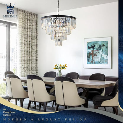 Black Crystal Chandeliers 12 Lights Luxury 24" Round Chandelier 4-Tier Modern Ceiling Pendant Light Fixture K9 Crystal Lighting for Living Room Dining Room Staircase Foyer