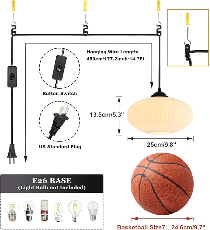 Mid Century Modern Hanging Lights with Plug in Cord Large Milk Glass Pendant Light Black Industrial Pendant Light Plug in Hanging Light Fixture for Bedroom