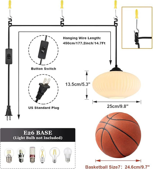 Mid Century Modern Hanging Lights with Plug in Cord Large Milk Glass Pendant Light Black Industrial Pendant Light Plug in Hanging Light Fixture for Bedroom