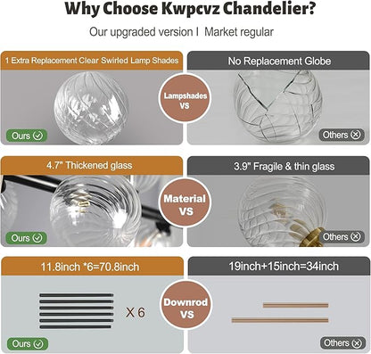 Linear Chandeliers for Dining Room, 8-Light Clear Swirled Glass Globe 37" Mid Century Modern Sputnik Chandeliers Bubble Chandelier Black Dining Room Chandelier Pendant Lights Kitchen Island