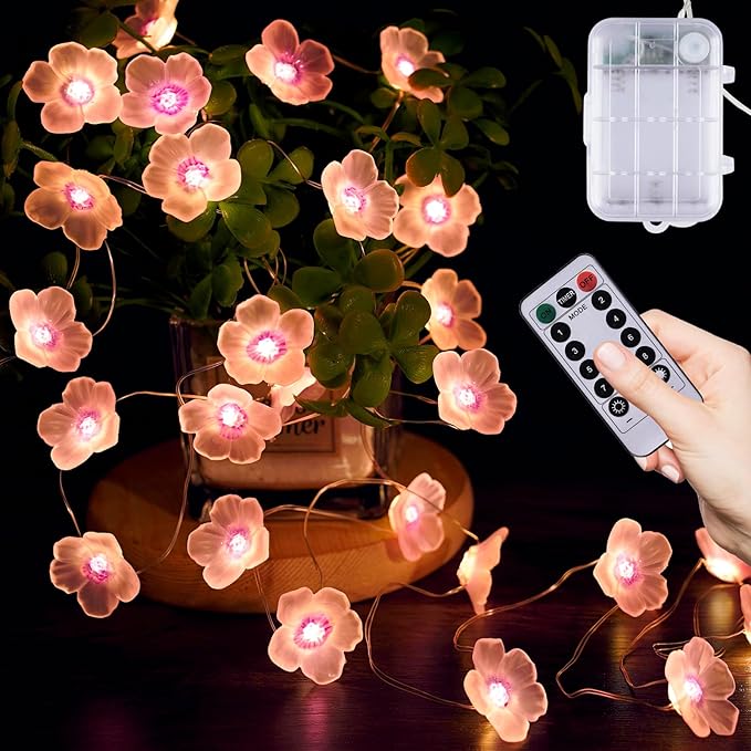 OMIKA Battery Operated String Lights Indoor, 16.5FT 50 LED Cherry Blossom Bedroom Lights, Warm White Flower Light Decorative for Room Dressing Table Dorm Party Easter Girl Mom Gift Wedding Christmas