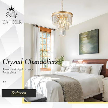 CATINER Gold Crystal Chandeliers 16" Modern 6-Light Small Pendant Light Luxury 3 Tiers K9 Crystal Ceiling Pendant Round Light Fixture for Dining Room Entryway Kitchen Bedroom Closet
