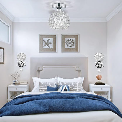 TISLYCO Small Chandelier for Hallway, Modern Semi Flush Mount Light Fixture Silver Crystal Chandelier, Ceiling Light Fixture for Foyer Closet Entryway Kitchen Bedroom Dining Room