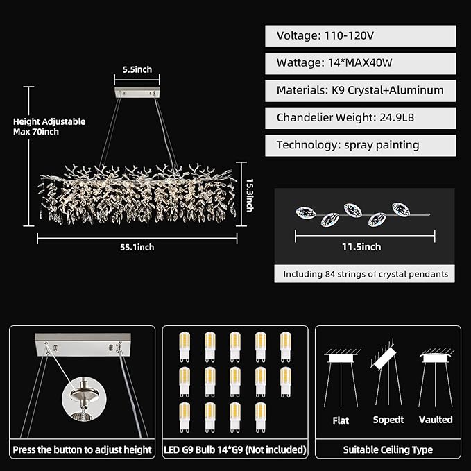 Modern Tree Branch Crystal Chandelier 47.2" Sliver Large Rectangular Pendant Lighting 14-Light K9 Crystal Chandeliers for Dining Room Kitchen Living Room Foyer Entryway (Sliver, L47.2"-Rectangle)