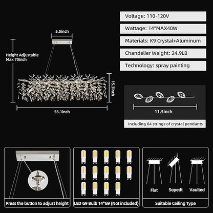 Modern Tree Branch Crystal Chandelier 47.2" Sliver Large Rectangular Pendant Lighting 14-Light K9 Crystal Chandeliers for Dining Room Kitchen Living Room Foyer Entryway (Sliver, L47.2"-Rectangle)