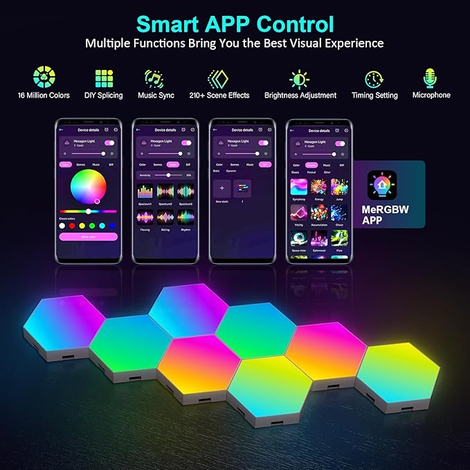 Kangtaixin Hexagon LED Lights 8 Pack - RGB Wall Panels with Music Sync, Smart App & Remote Control, DIY Modular Hex Light for Gaming Room, Bedroom, Living Room, Wall Decor
