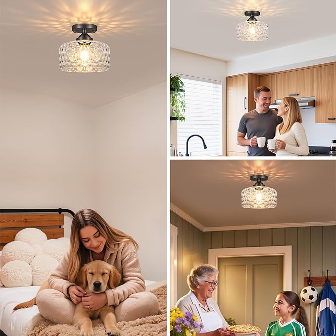 Daunton Small Semi Flush Mount Ceiling Light Fixture, Vintage Black Close to Ceiling Lighting with Hammered Glass Shade for Hallway, Kitchen, Entryway (Retro Design, Easy Install)