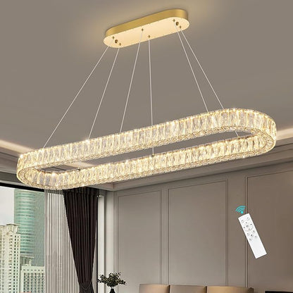 HAIXIANG Modern Crystal Chandelier Dimmable LED Long Chandeliers for Dining Table Pendant Lights Rectangular Glam Lighting Fixtures for Dining Room Kitchen Island Gold
