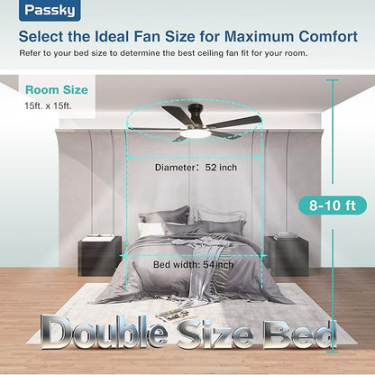 Passky Ceiling Fans with Lights, 52 inch Flush Mount Ceiling fan with Remote Control, Low Profile Ceiling Fan for Bedroom, Farmhouse, Reversible, 3CCT, Dimmable, Noiseless DC Motor, Black