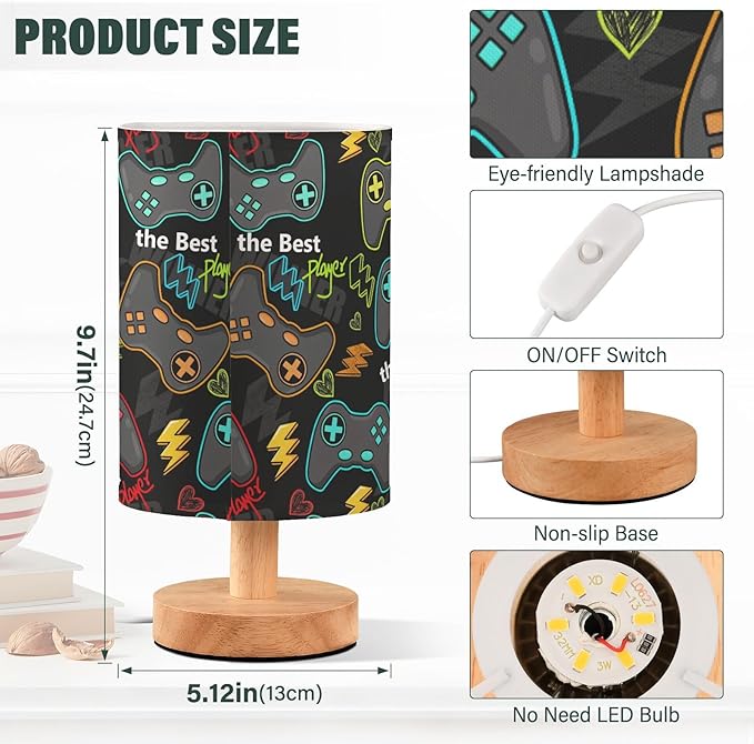 Bedside Table Lamp Video Game Gaming Gamer Nightstand Lamp with Wood Desk Lamps for Bedroom Living Room Nursery Office Home Decor