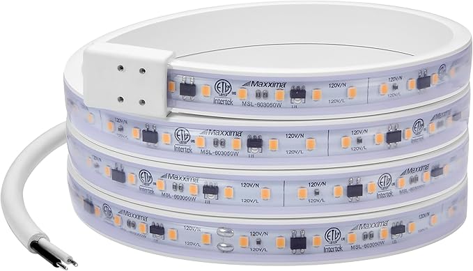 Maxxima 60 in. Hardwired LED Under Cabinet Strip Light, 2300 Lumens, 3000K Warm White, Kitchen and Living Room 120V White Cove Lighting, No Power Supply Needed