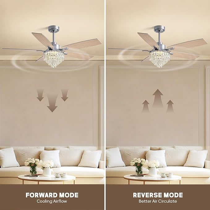 LUDOMIDE Chandelier Ceiling Fan, 52 Inch Crystal Ceiling Fan with Light, 3CCT, 6-Speed, 5-Blade Noiseless Reversible DC Motor, Remote Control, Modern Indoor Fandelier for Living Room