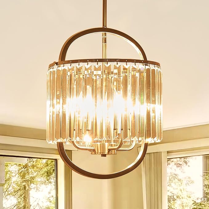 4-Light Brushed Nickel Crystal Chandelier Mini Pendant Lighting 12.8" Crystal Lamp for Closet Bedroom Foyer Dining Room Hanging Ceiling Light Fixture